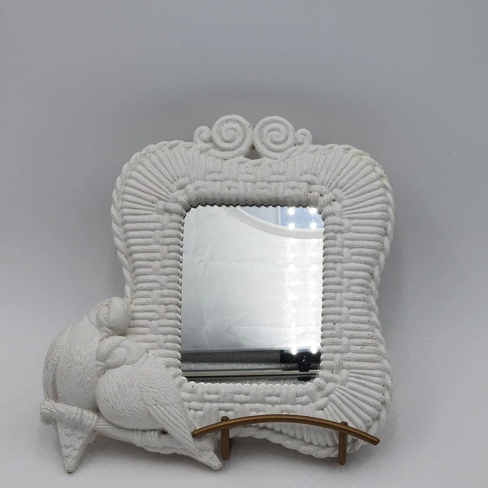 White Lovebird Wall Mirror Faux Wicker Rattan Cottagecore Decor Vintage Burwood